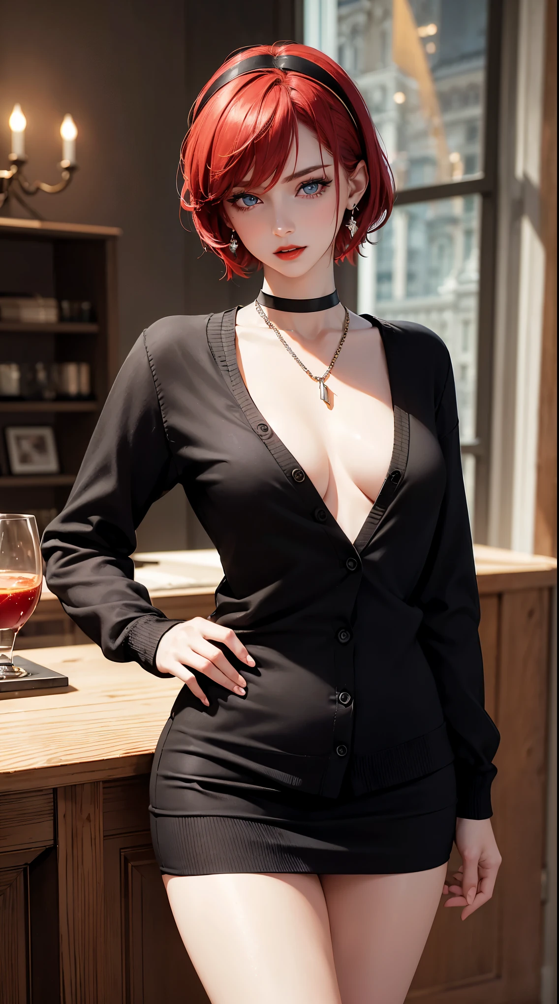 1 beautiful woman, 20 years old, pale white skin (very detailed and delicate skin), bright blue eyes (vampire eyes) (very detailed and expressive eyes), red hair, short hair, perfect body, perfect abdomen, perfectly round butt, makeup, red lips, delicate earrings, delicate necklace, choker, hair band, look at viewer, ((black cardigan)), very tight short skirt, sexy pose, in a room with a city view (masterpiece), (8K), (cinematic lighting, (photorealistic), (minute details)