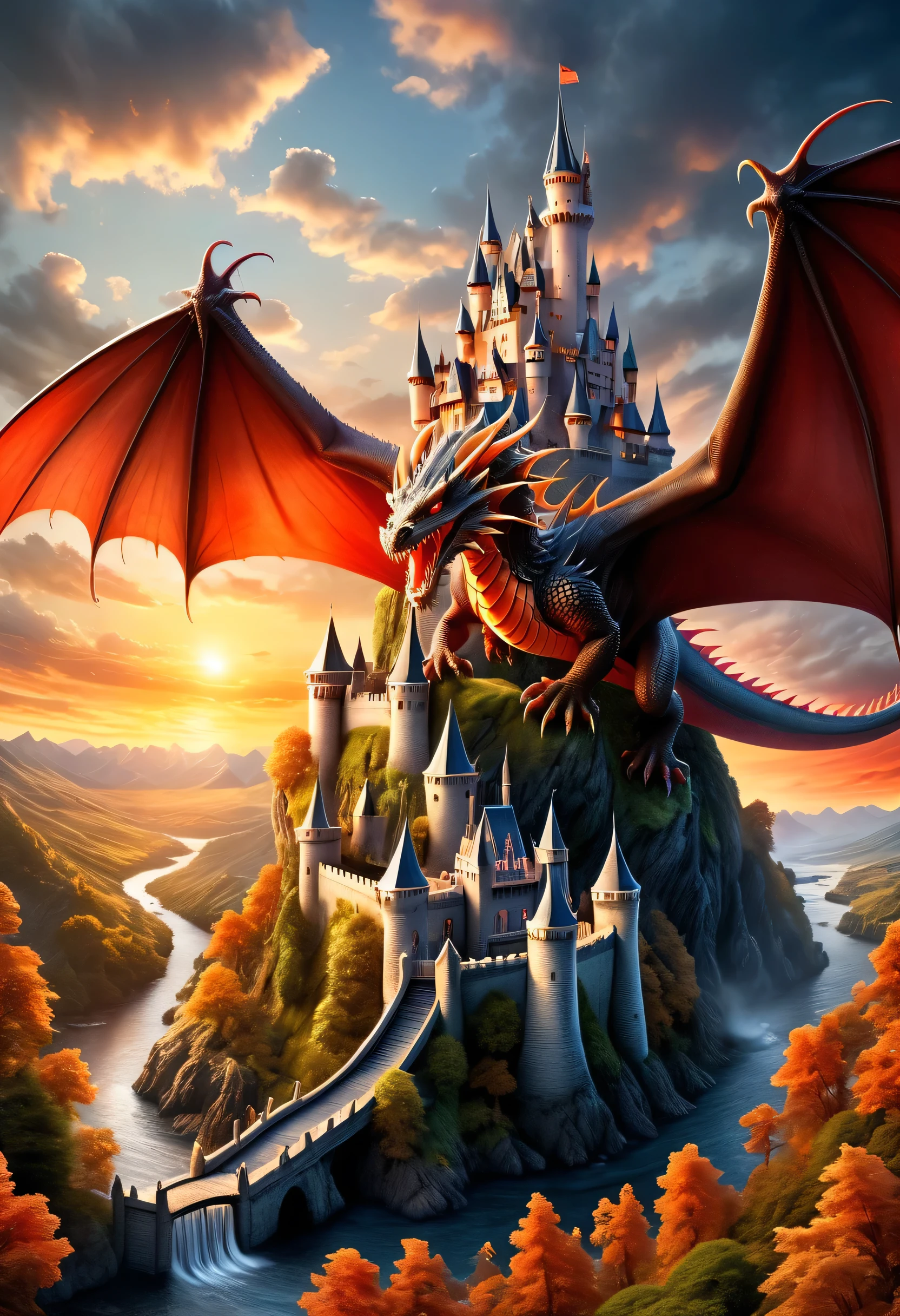a panoramic award winning photography, Photorealistic, extremely detailed of a castle being attacked by a dragon, an impressive best detailed castle, with towers, bridges, a moat filled with lava, standing on top of a mountain, the red dragon flying near the castle threatening it, the sun sets on the castle, , masterpiece, best quality, (extremely detailed), ultra wide shot, photorealism, depth of field, faize