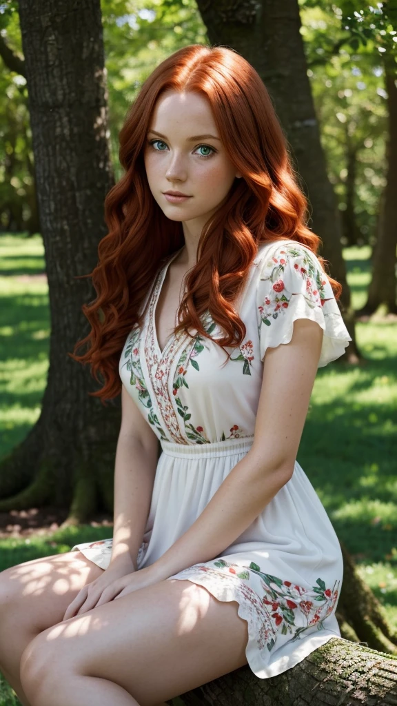 photograph, natural lighting, a beautiful woman around 20 years old with wavy red hair and green eyes, wearing a white floral dress, sitting under a tree, sharp focus, 8k, hdr, masterpiece, highest quality,