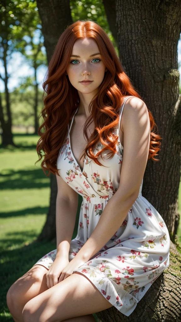 photograph, natural lighting, a beautiful woman around 20 years old with wavy red hair and green eyes, wearing a white floral dress, sitting under a tree, sharp focus, 8k, hdr, masterpiece, highest quality,