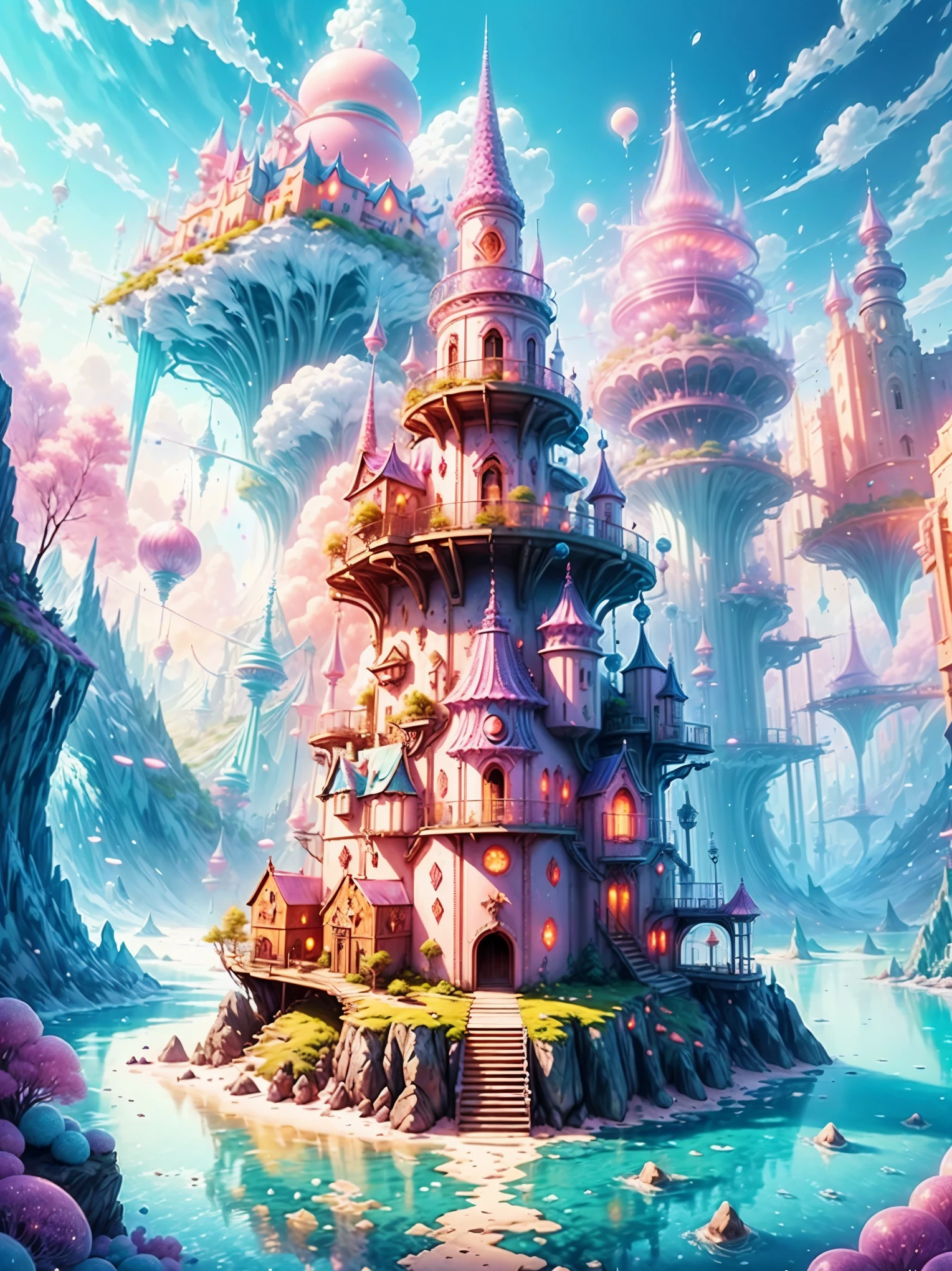 Enchanting utopian world scenes that imagine the majestic realm of romantic fantasy, The environment is full of  floating islands, Fluffy clouds, dream castle on  floating island, a vibrant, Surreal atmosphere, The atmosphere is filled with a sense of wonder and dream. Include a variety of pink shades as well as other vibrant jewel tones in the image. This scene will be depicted with anime style illustrations, with soft lines, pastel color, And whimsical touch. All buildings are extremely detailed and elegant. The artwork will capture the ethereal beauty and serenity of a dreamlike realm, Create a sense of harmony and escape from the ordinary world. Add cyan water, Colorful watercolor sky, Luminous elements, and lots of little fantasy details， including iridescence, Beautifully crafted landscapes, glittery. And most importantly, This should look like a fantasy artwork. (((A utopian world with futuristic science fiction and fairy tale element enchanting metal combined with classical mythological elements)))