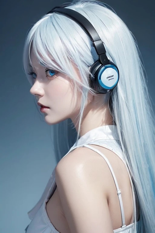 (((Facing forward:1.5))), beautiful, girl, White Hair, Light blue hair, black eye, anime, Staring straight ahead, 長いWhite Hair, Light blue hair, Very detailed, Wearing a white headset, Facing forward, ID photo