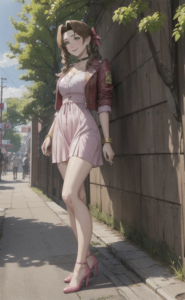 a3r1th, aerith multi view upper body, upskirt panties view, legs together, a3r1th, peeing, peeing herself, her own urine is trickling down her legs, perfect female figure, Aerith Gainsborough, holding small flower basket, peeing down her legs, green eyes, surrounded by other people, one woman in front of her, standing in very busy midgar city street, sunny, choker, cropped jacket, hair bow, bracelet, long pink dress, high heeled shoes, looking down nervously, shy, embarrassed, aroused, shocked, panicking, worried, outdoors, smiling, a small puddle of her own urine is forming around her feet on the dry ground, very desperate to pee, wetting herself, urination, legs crossed, rape face, full-face blush, high detail, Realism, Hyperrealism, three sided view, multiple views, perspective, ccurate, masterpiece, highres, UHD, anatomically correct, super detail, best quality, highres, 8kShe