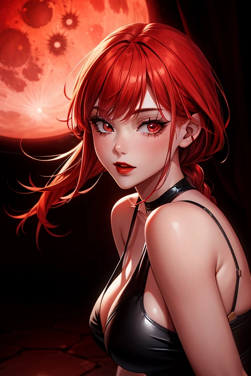 A girl with a red hair and blonde hair, red light lips and red moon eye