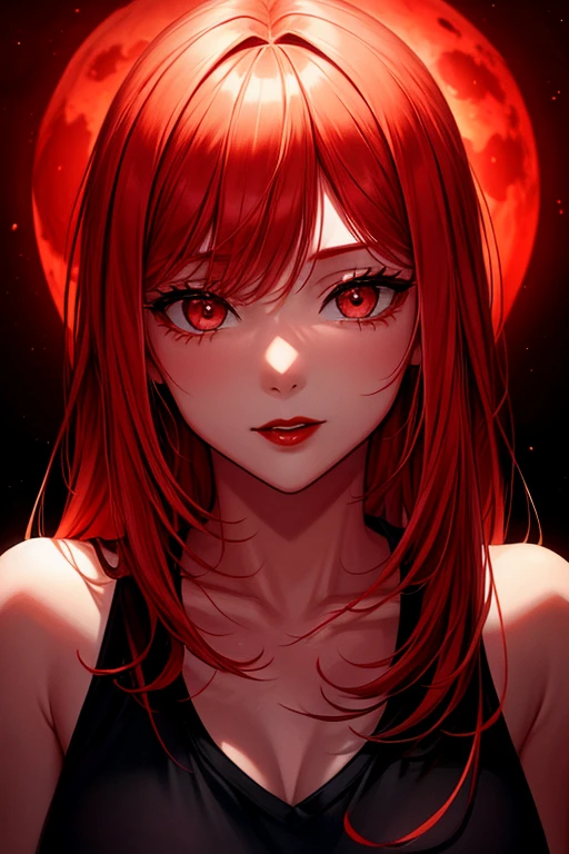 Create a beautiful red night with a red moon, red hair, yellow eyes, japanese girl, cleavage, busty,