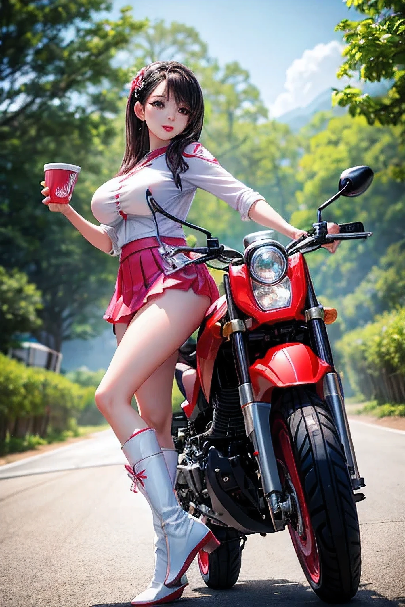 A beautiful Thai of Japanese descent model is cute face and red lips and big breasts size "cup E" in a pink short skirt and white boots posing riding the red Suzuki superbike at a festival track. A full body shot with a low angle camera view and natural lighting, in the style of Fujifilm photography