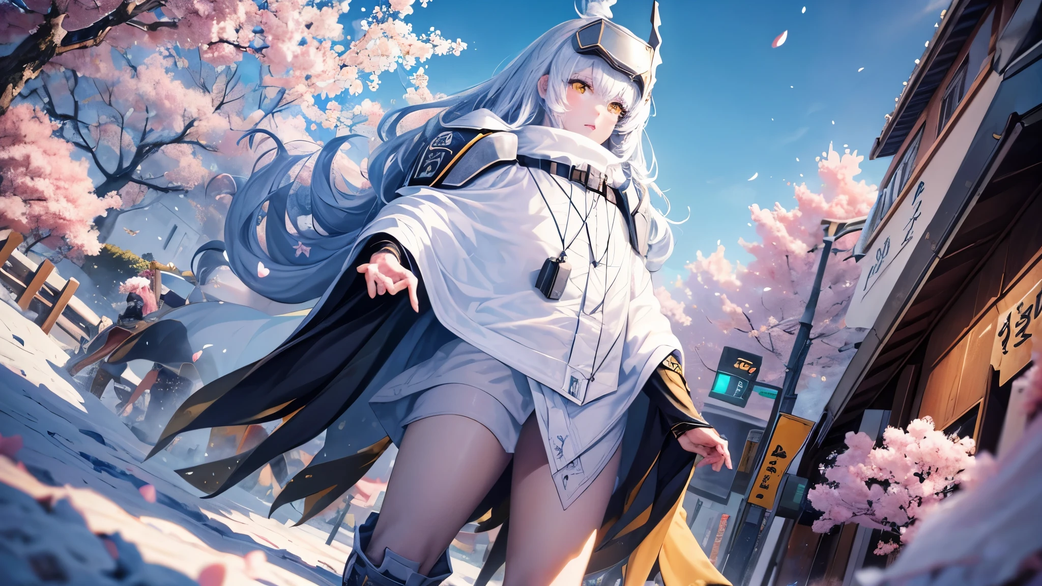 masterpiece , best quality , detailed , detailed 얼굴 , detailed 손 , detailed 다리 , detailed 신체 , Simple , not flashy , daily , yellow eyes, white hair, long hair, headgear, mechanical boots, cloak, bare legs, single pauldron,1peoson, solo, city , blue sky , peaceful , telegraph from a distance , from head to knees , walking around , spring , 벚flower , cherry , flower , flower비 , pretty , sakura , 