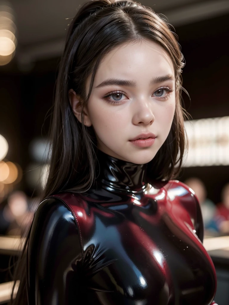 labios ligeramente abiertos, (RAW 8k photo) of beautiful woman (Hailee Steinfeld), (red lips), edgML_body, long hair, ((best quality)), ((masterpiece)), (realistic, photo-realistic:1.37), DSLR photo, DLSR, Real photo, cowboy shot, smile, looking at viewer, (wearing a crimson latex pencil dress, edgpdress), (highly detailed skin:1.2), midday, natural lighting, makeup, long black hair, perfect eyes, long eyelashes, cleavage, beautiful woman modeling in a dance club, (crimson latex:1.4), shiny, glossy, Hailee Steinfeld, (best quality,4k,8k,highres,masterpiece:1.2),ultra-detailed,realistic,professional, sexy,beautiful detailed eyes,beautiful detailed lips,long eyelashes,radiant skin,flowing hair,sexy Hailee Steinfeld, sensual expression,gorgeous makeup, feminine silhouette,soft lighting,vivid colors,