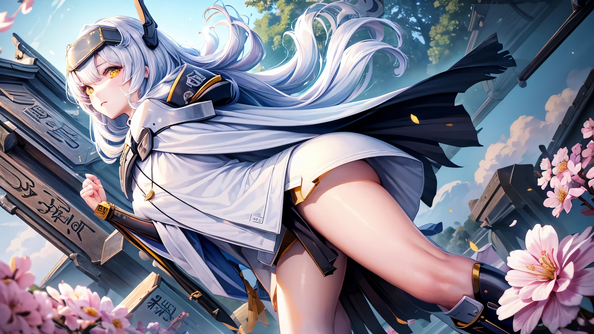 masterpiece , best quality , detailed , detailed 얼굴 , detailed 손 , detailed 다리 , detailed 신체 , Simple , not flashy , daily , yellow eyes, white hair, long hair, headgear, mechanical boots, cloak, bare legs, single pauldron,1peoson, solo, city , blue sky , peaceful , telegraph from a distance , from head to knees , walking around , spring , 벚flower , cherry , flower , flower비 , pretty , sakura , Japanese-style , game , japan , positive energy , bright , afternoon , morning , people , festival