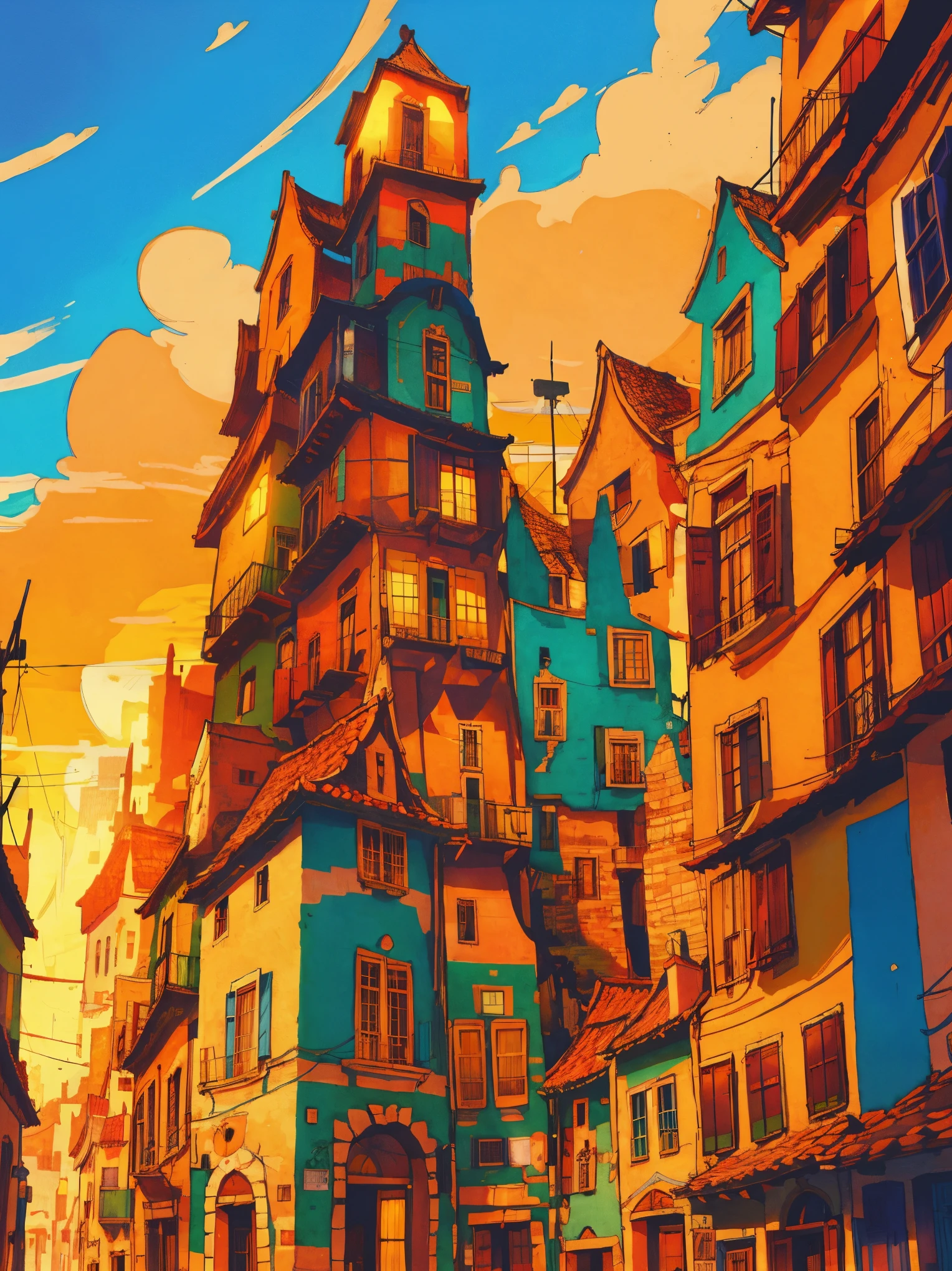 Drawings of windmills and houses in a beautiful city, long shot, city concept art, warm colors, lovely, anime artyle, art of Winsor McCay