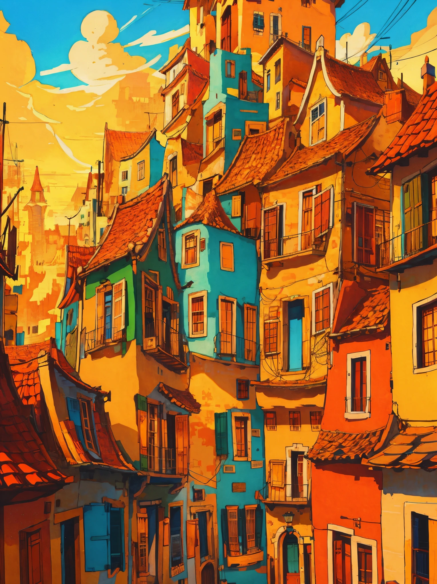 Drawings of windmills and houses in a beautiful city, long shot, city concept art, warm colors, lovely, anime artyle, art of Winsor McCay