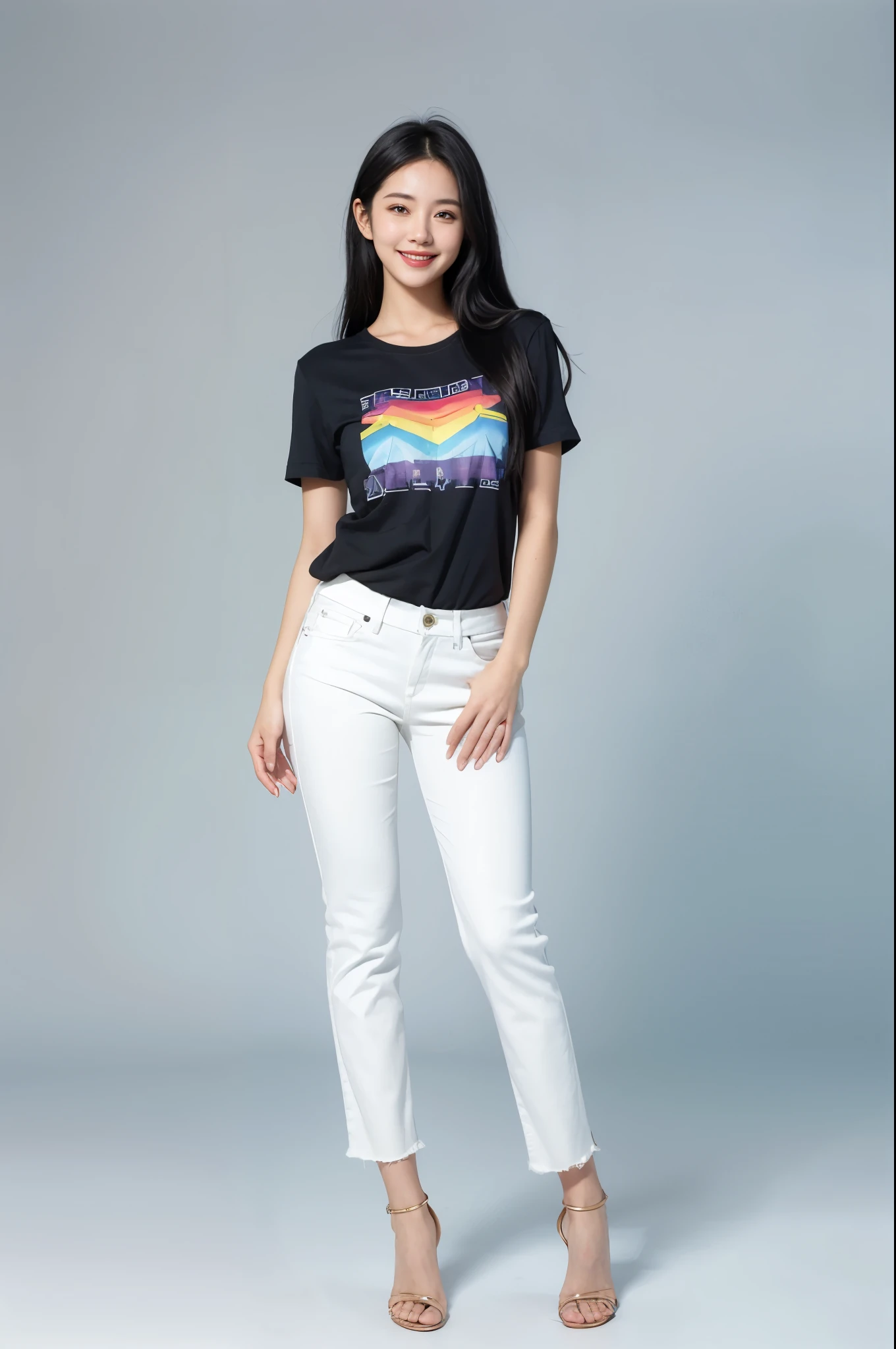 best quality, quality, masterpiece, photorealistic, 1 girl,Standing,solo, White short sleeve,long blue jeans pants, long black hair,looking at viewer, smile, full body, white simple background