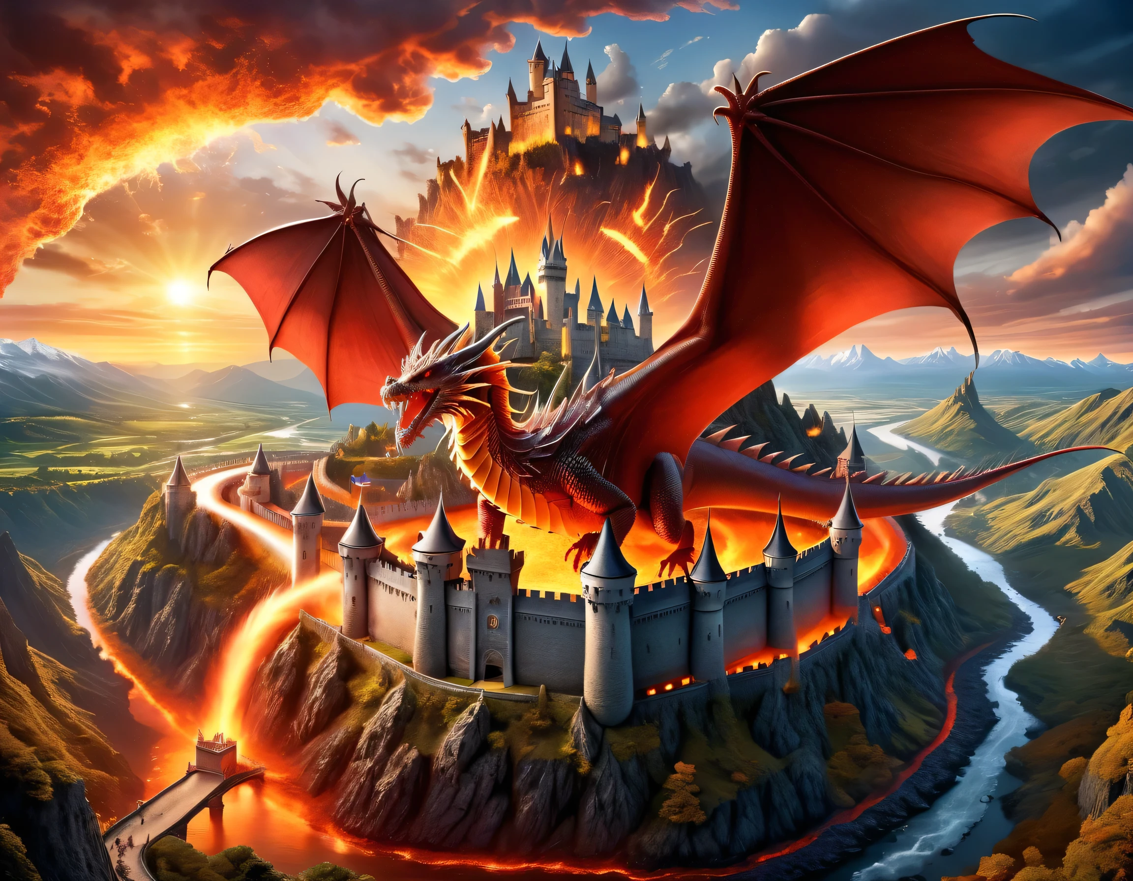a panoramic award winning photography, Photorealistic, extremely detailed of a castle being attacked by a dragon, an impressive best detailed castle, with towers, bridges, a moat filled with lava, standing on top of a mountain, the red dragon flying near the castle threatening it, the sun sets on the castle, , masterpiece, best quality, (extremely detailed), ultra wide shot, photorealism, depth of field, faize
