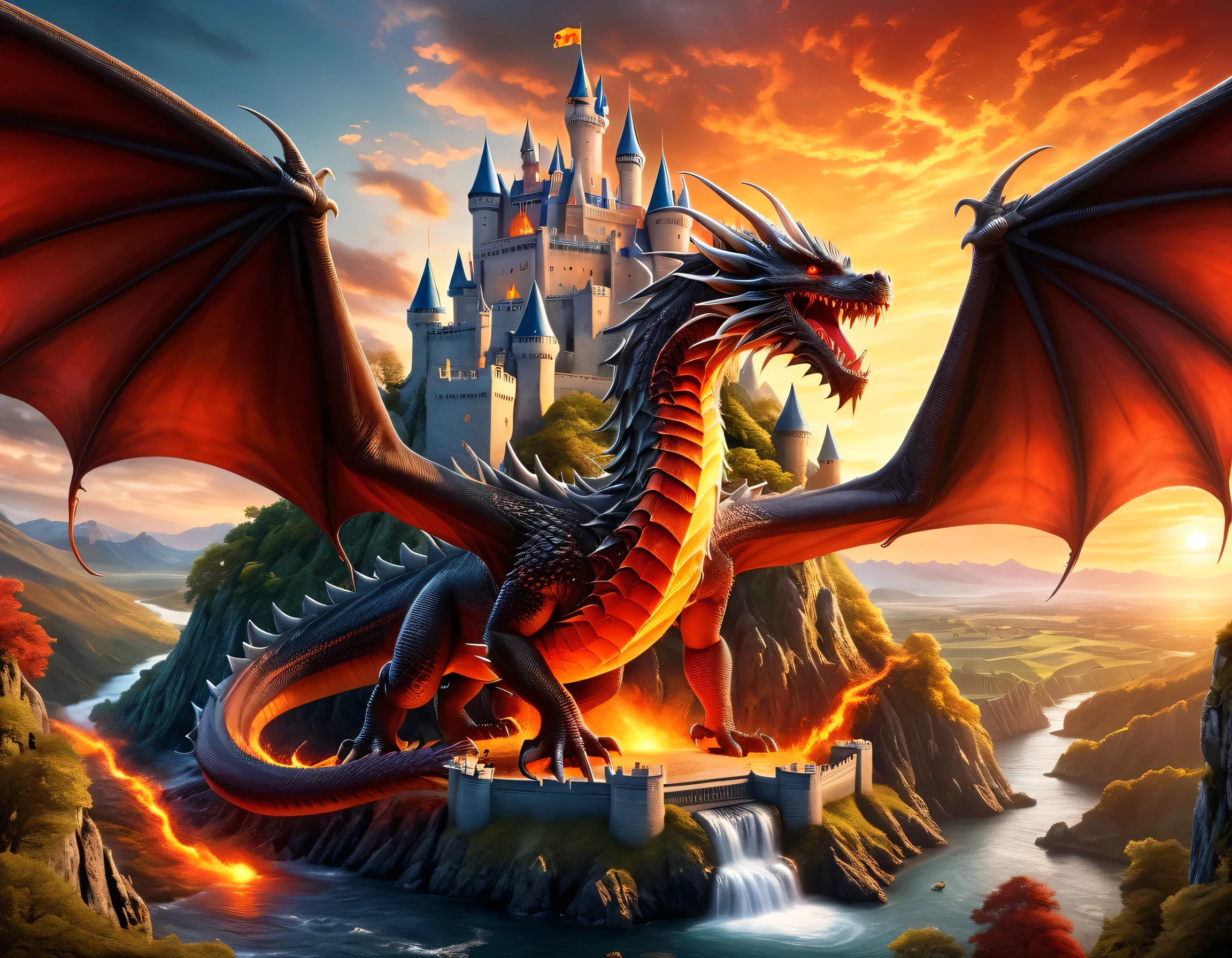 a panoramic award winning photography, Photorealistic, extremely detailed of a castle being attacked by a dragon, an impressive best detailed castle,  with towers, bridges, a moat filled with lava, standing on top of a mountain, the red dragon flying near the castle threatening it, the sun sets on the castle, , masterpiece, best quality, (extremely detailed), ultra wide shot, photorealism, depth of field, faize