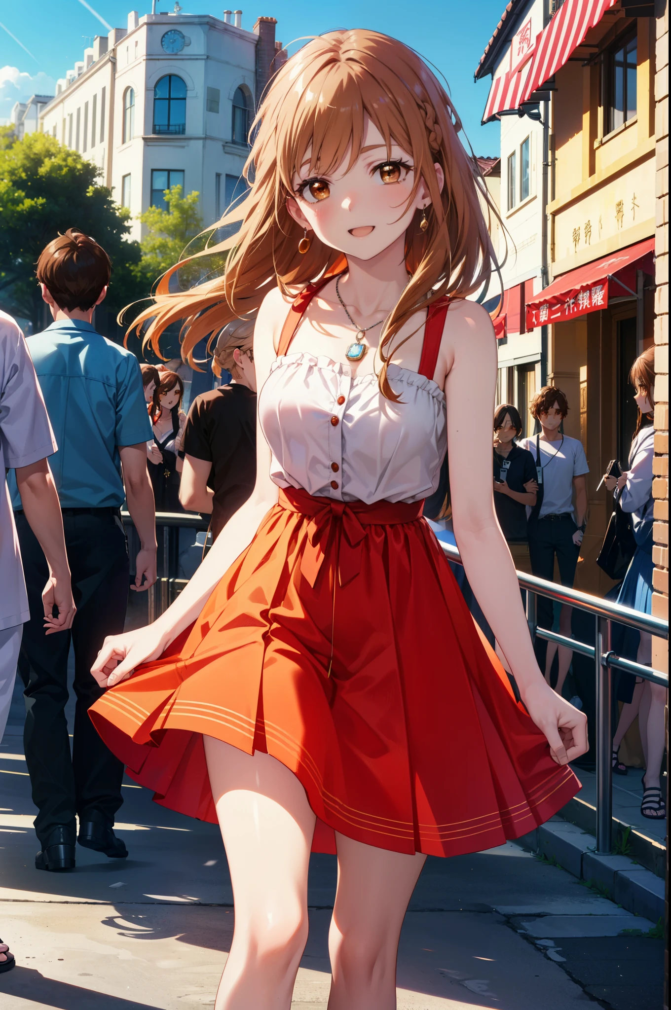 a sun ayuuki, a sun a yuuki, Long Hair, Brown Hair, (Brown eyes:1.8)Medium chest,happy smile, smile, Open your mouth,Locket Necklace,Red sleeveless dress,Red long skirt,Cute heeled sandals,True Summer,Daytime,Clear skies,whole bodyがイラストに入るように,
break outdoors, In town,Building district,crowd, people々々,
break looking at viewer, whole body,
break (masterpiece:1.2), highest quality, High resolution, unity 8k wallpaper, (figure:0.8), (Beautiful fine details:1.6), Highly detailed face, Perfect lighting, Highly detailed CG, (Perfect hands, Perfect Anatomy),