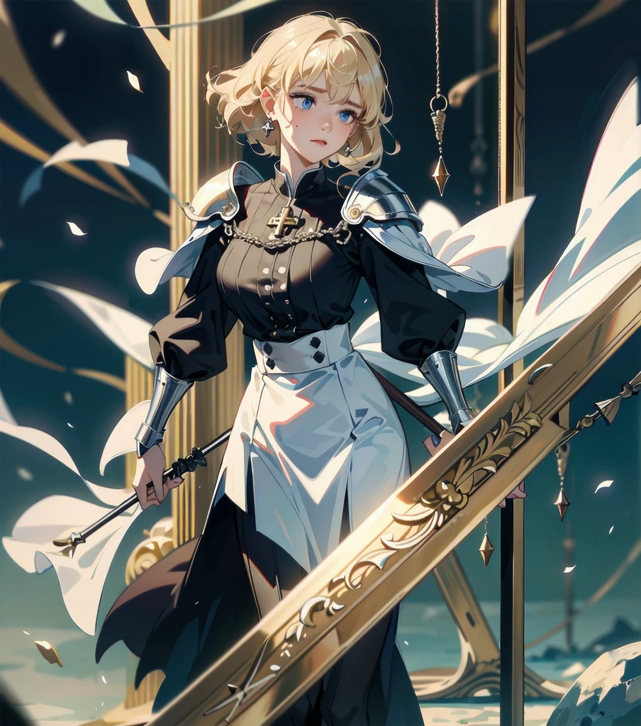 absurdres, RAW photo, extremely delicate and beautiful, masterpiece, Best Quality, ultra high resolution, 32k, hyperrealistic, ultra-detailed, 20 years old, detailed beautiful face, tearful mole, earring, very huge round breasts, short medium hair, wavy hair, wet clothes, (full body shot), alone, blonde hair, gauntlets, Joan of Arc, (surcoat), (cross armor),