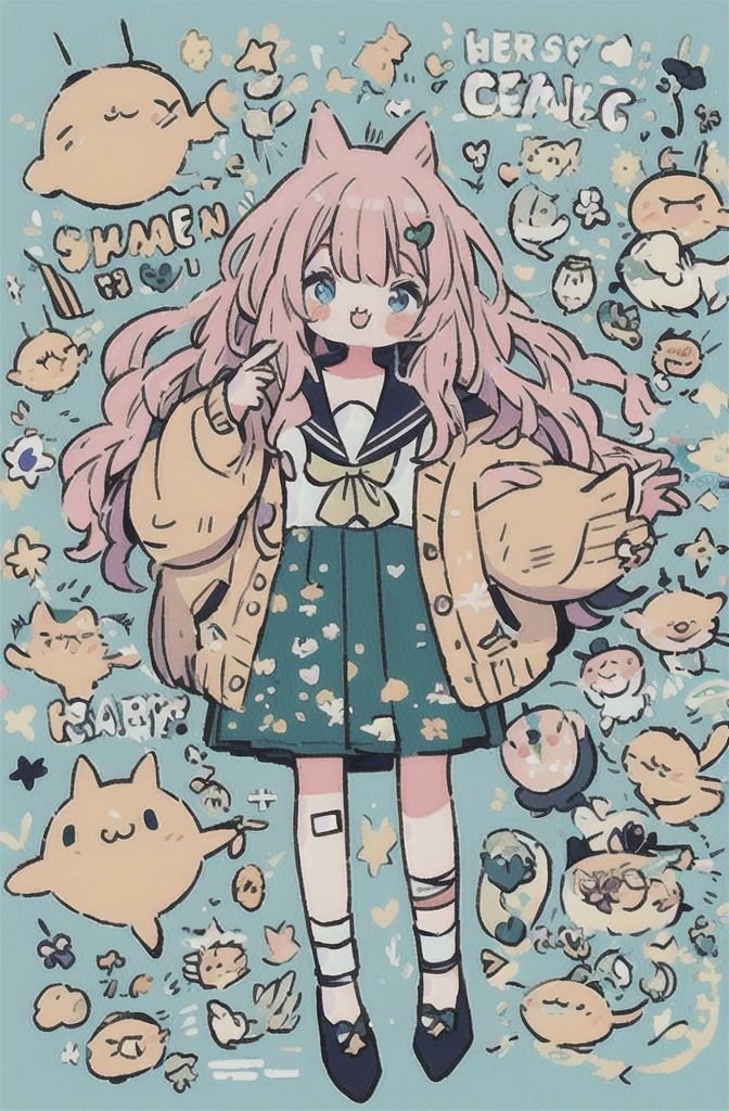 1 Girl,Nervous man,indie Virtual YouTuber,Sadex,score: General,:3,^_^,bandage,blue eyes,blue Sailor collar,blue skirt,blush,boundary,bow,bowtie,cable,Cardigan,Character Name,Close your eyes,cursor,Diffraction spike,electric plug,eyelash,floating,floating hair,gear,green bow,green bowtie,Hair accessories,Halftone,hand cursor,Heart,Heart Hair accessories,Heart print,Hourglass,Pink hair,Long hair,Looking at the audience,look up,magnifier,microphone,Pixel Art,pixel Heart,plug,plus,Sailor collar,,Setofuku,skirt,Solitary,Star (Symbolism),Star print,Virtual YouTuber,white boundary,window (calculated),yellow Cardigan,up to date,absurd,high resolution,Normal quality,