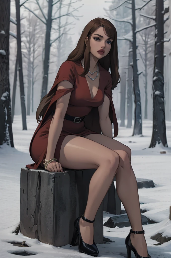 Masterpiece, Best quality, Very young Russian girl, blonde, Curly, Medium long hair without hairstyle, Short red dress with red color, Bracelet on the left wrist, necklace around the neck, Black openwork stockings, High-heeled shoes, sitting on a stone in the middle of a winter forest, look into the distance, snowy wild forest, It's cold, it's snowing, beautiful face and slim body, shapely legs, steam from the mouth, innocent and deep look, thick fog, photorealism, photographic appearance, RAW style.