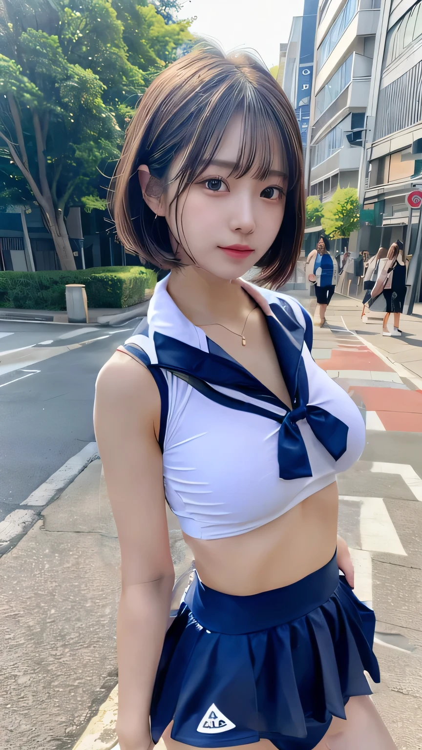 Beautiful high school student wearing school uniform by the sea,Super high value,extra very short hair,Delicate hair,Fair face and skin,Hanging water droplets,Happy playing in the water,Large breasts,Chest hyperexcion,perfect body figure,The sea is crystal clear