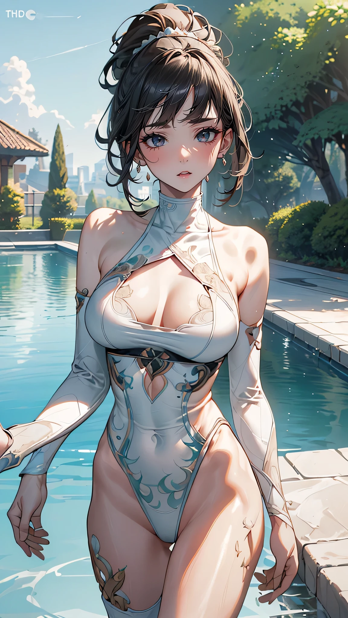 pool side,(random Active pose),embroidered rash guard,(Thin type:1.8),(large breasts:1.5),(random hairstyle),(Highest image quality,(8k),ultra-realistic,best quality, high quality, high definition, high quality texture,high detail,beautiful detailed,fine detailed,extremely detailed cg,detailed texture,a realistic representation of the face,masterpiece,Sense of presence)