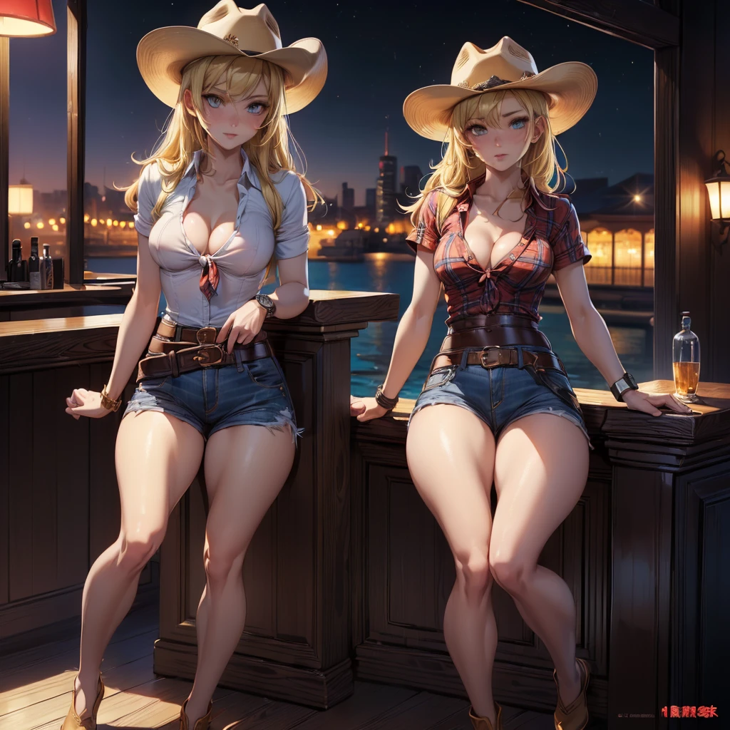 (((1 person:2.0))),(((Cowgirl Costume))),(((Low waist denim shorts))),(((Wear a western hat))),(((wear a leather belt))),(((He is wearing short sleeves, Plaid, front tie shirt.))),(((wearing a watch))),(((Showing cleavage))),(((Exposed thin inner thighs))),(((Small breasts:1.5))),(((Bare arms))),(((Her hair is blonde))),, Beautiful detailed girl, Very detailed目と顔, 緻密でBeautiful Eyes, Very detailed, High resolution, highest quality, masterpiece, Very detailed, 8k wallpaper, wonderful, finely, highest quality, The light shines on your face,,(Night Bar),Beautiful Eyes,Being drunk,Full Body Shot