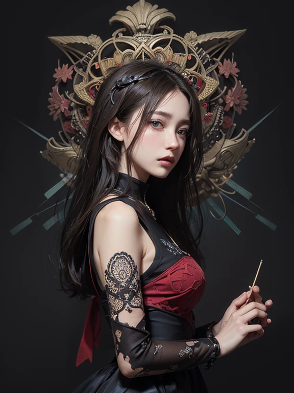 official art, unity 8k wallpaper, ultra detailed, beautiful and aesthetic, masterpiece, best quality, (zentangle, mandala, tangle, entangle), (fractal art:1.3) , 1girl, extremely detailed, dynamic angle, cowboyshot, the most beautiful form of chaos, elegant, a brutalist designed, vivid colours, romanticism, by james jean, roby dwi antono, ross tran, francis bacon, michal mraz, adrian ghenie, petra cortright, gerhard richter, takato yamamoto, ashley wood, atmospheric, ecstasy of musical notes, streaming musical notes visible、perfect face 