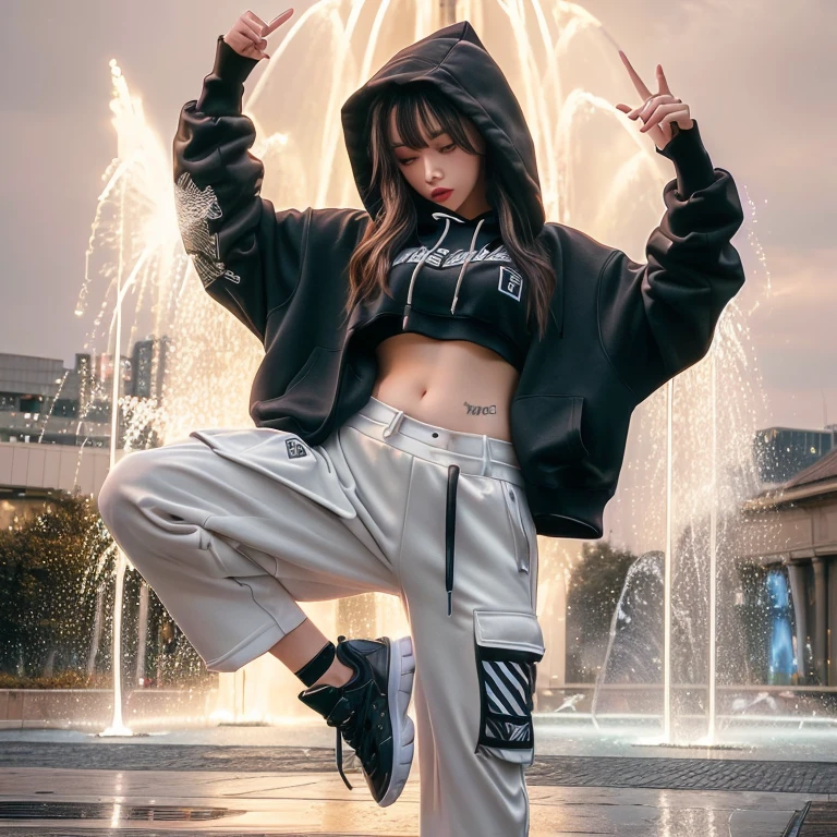 A woman in a hoodie is dancing in front of a fountain, Cyberpunk Streetwear, Hip Hop Urban Inspiration, A woman wearing treat wear, City Girl Fan Art, She is dancing. Realistic, Hip Hop Style, Beeple&#39;s Style Hybrid Mix, wearing Cyberpunk Streetwear, Lostland Style,8k、RAW Photos、highest quality、Real、Photorealistic、Professional Lighting、mix4、20d、Beautiful Teenage Woman、Japanese、1 female、Big beautiful eyes、Larger breasts、whole body