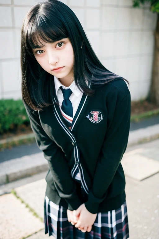 Black Hair,Long Hair,Bangs,high school girl,Deep green eyes,Slightly droopy eyes,tie,uniform,Black cardigan
