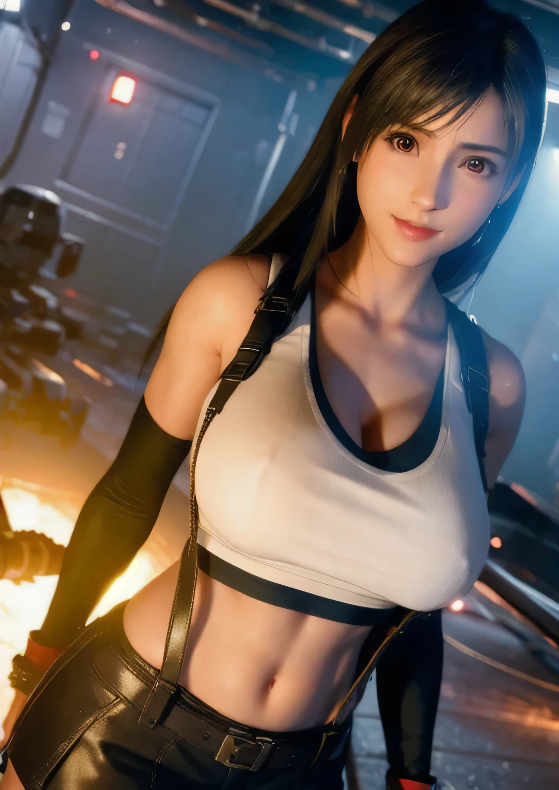 (Photorealistic: 1.4), top quality, very delicate and beautiful, high resolution, 1girl, tifa_lockhart, smile, cowboy shot, suspenders, low rise, mini skirt, tank top, tense shirt, black hair, long hair, elbow gloves, beautiful detailed red eyes, face light, movie lighting, navel, high exposure, abdomen exposure, ribs, abs, ( gigantic breasts: 1.2), dynamic poses, dynamic angles,