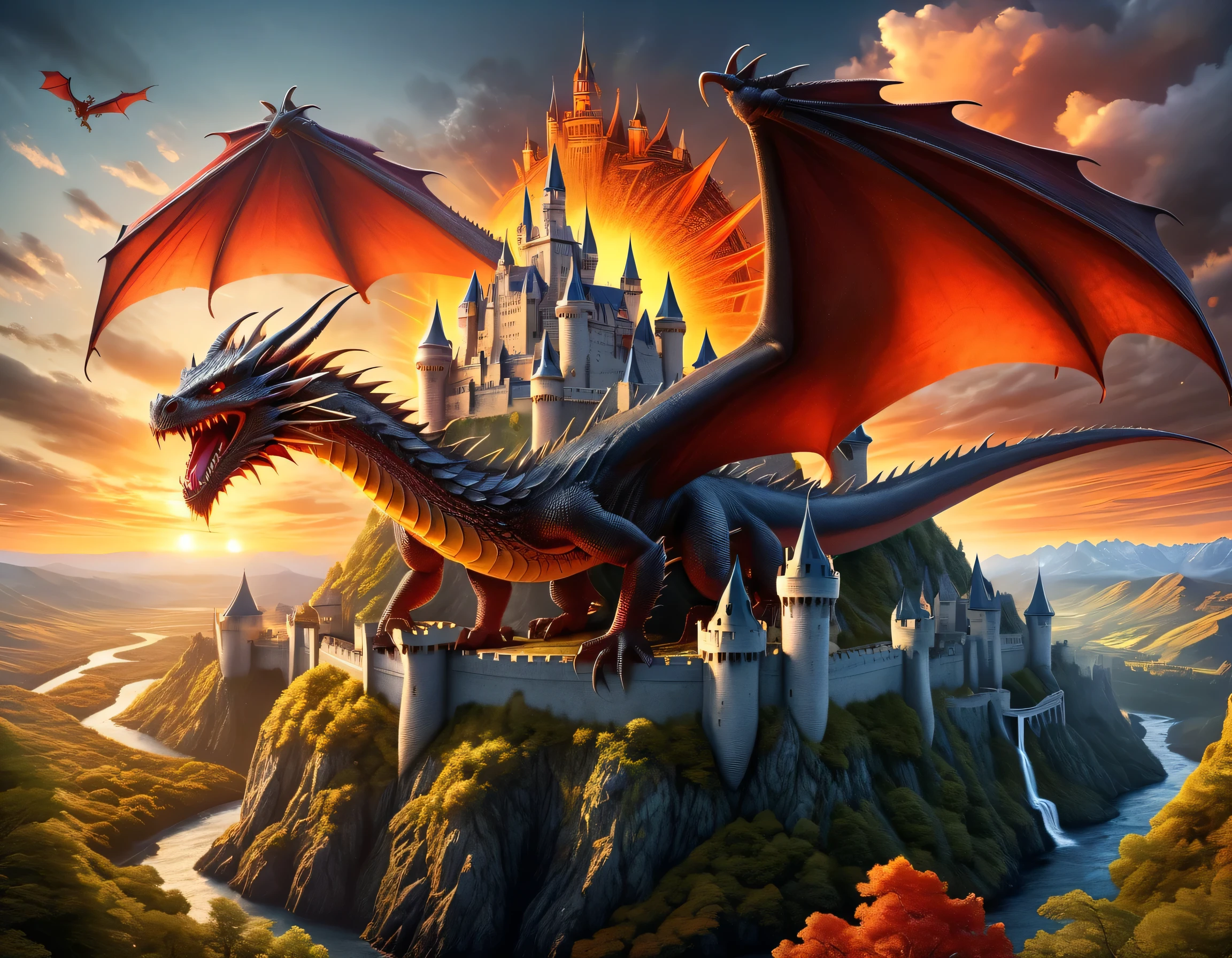 a panoramic award winning photography, Photorealistic, extremely detailed of a (castle: 1.4) being attacked by a dragon, an impressive best detailed castle,  with towers, bridges, a moat filled with lava, standing on top of a mountain, the red dragon flying near the castle threatening it, the sun sets on the castle, , masterpiece, best quality, (extremely detailed), ultra wide shot, photorealism, depth of field, faize