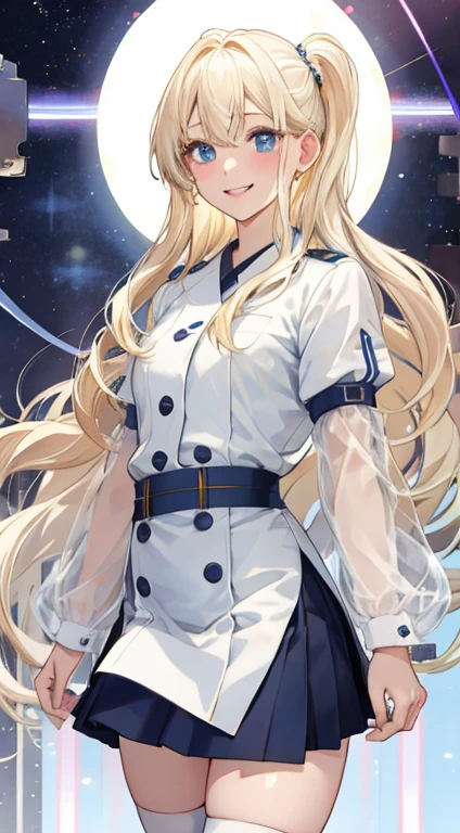highest quality、Realistic touch,High definition、Photorealistic、Long body、Captive Beauty、Big eyes、huge 、力強いPlatinum Blondeのまつげ、Platinum Blonde、Whole Body Ezbian、Sparkling eyes、Obedient smile、Blushed、Kamimei、Small waist、Voluptuous thighs、A dreamy look、Diagonal bangs、the forehead is protruding、Tight and see-through nurse uniform、Thigh-high socks、No sleeve、Tight skirt with a large slit
