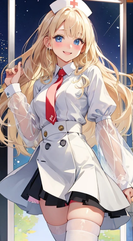 highest quality、Realistic touch,High definition、Photorealistic、Long body、Captive Beauty、Big eyes、huge 、力強いPlatinum Blondeのまつげ、Platinum Blonde、Whole Body Ezbian、Sparkling eyes、Obedient smile、Blushed、Kamimei、Small waist、Voluptuous thighs、A dreamy look、Diagonal bangs、the forehead is protruding、Tight and see-through nurse uniform、Thigh-high socks、No sleeve、Tight skirt with a large slit