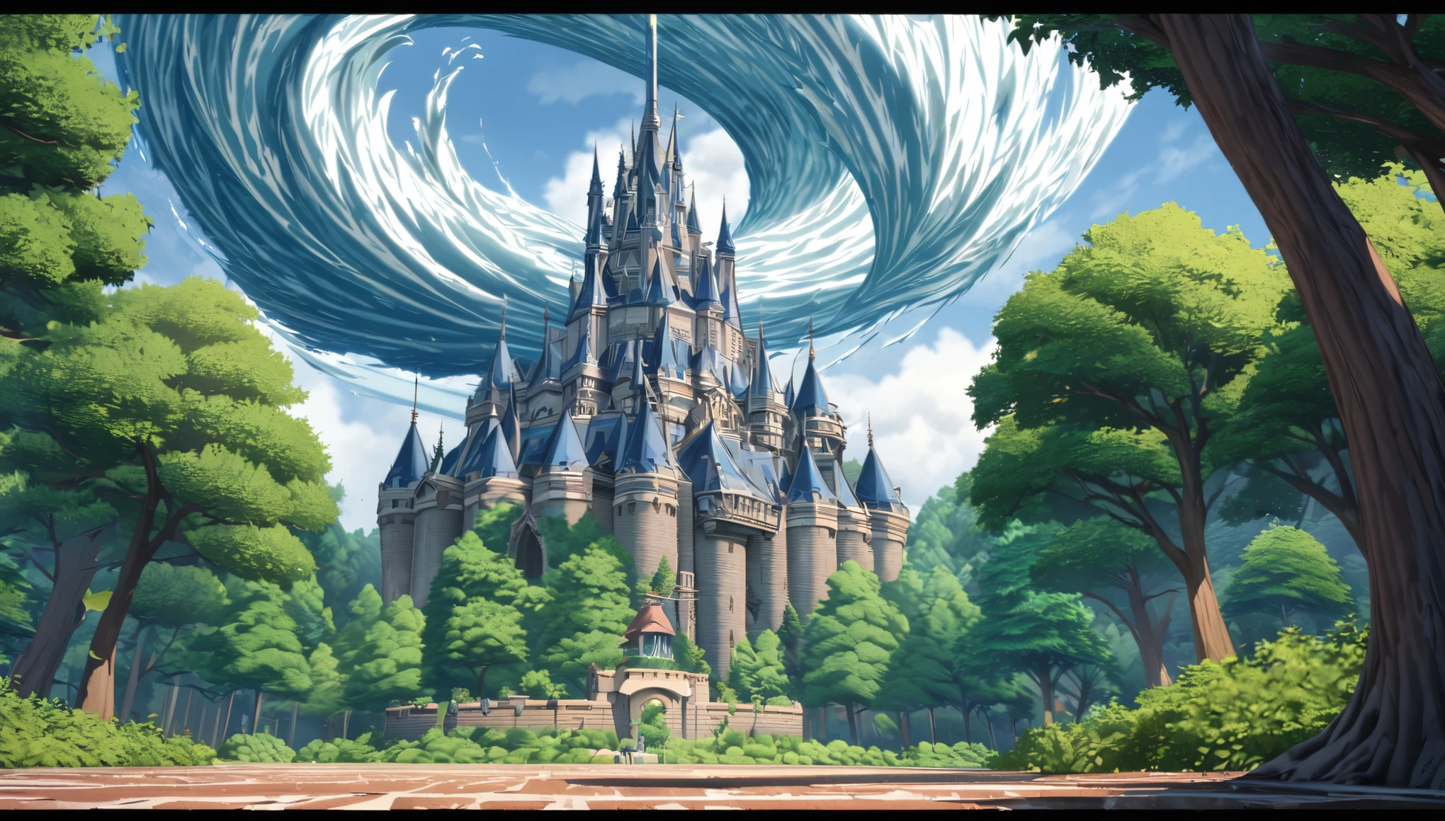 (No People), summer, giant roal fantasy castle with a spherical roof, red, red tiled roof, light yellow brick walls, forest arond the castle, big green trees with beautifl leaves, huge tornado aproching the castle, ice tornado near the castle, anime aestetics, catastrophe, perfect tornado shape, strong wind, epic moment, wide shot, from side, highres, best quality, high quality, UHD, masterpiece, 4K, 8k