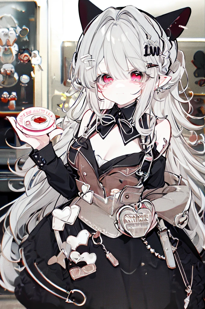 Adult succubus maid waitress large full body standing holding tray of tea white background