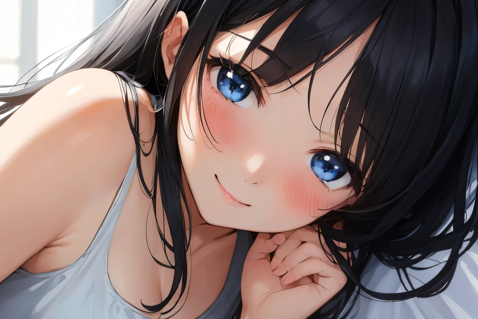 Masterpiece、highest quality、1 female、Super detailed　Black Hair、bangs　Blue Eyes、Detailed depiction of the eyes　Smiling、blush　Tank top　Face is close、Facial Close-up、Bring your face closer　Sheetsに横になる、Spread your shoulders、Put your hand here、Put your arm out　Sheets