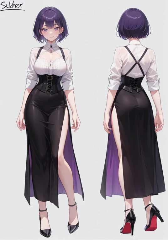 Purple hair,short cut hair,Adult female,Bartender,((Body harness)),((Rolling up your sleeves shirt)),(Corset),(Long skirt),(slit),High heels,((Simple background)),Smile,((Full body)),((whole body)),Character Sheet,