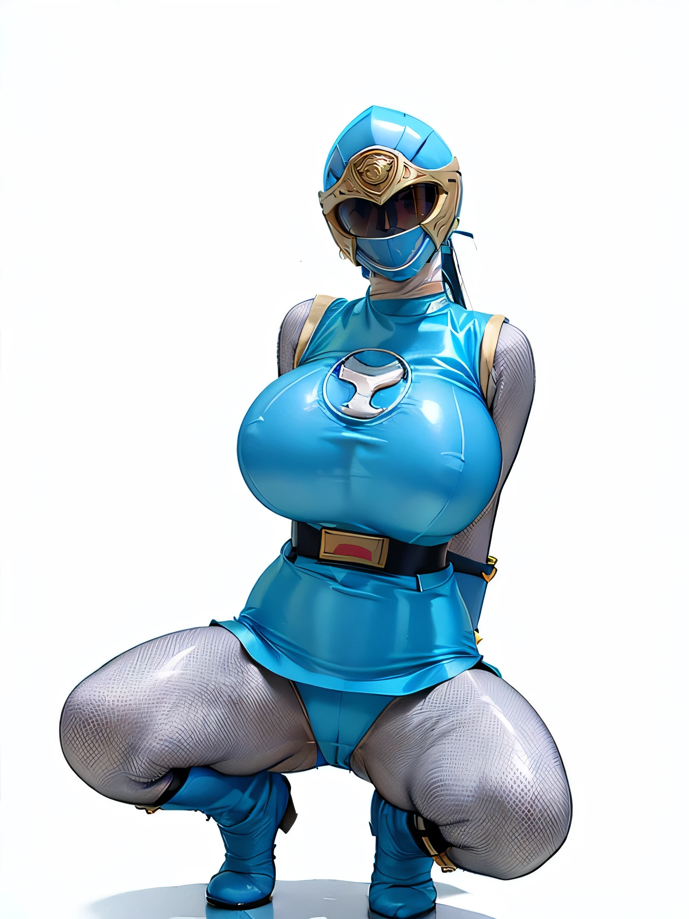 ((White background、No background))、hurricane blue、ninpuu sentai hurricanger、(Ultra-detailed illustration、Ultra-precision performance、masterpiece、highest quality、超High resolution、High resolution)、tight clothes、(Big Breasts:1.5)、Leg spread、boots、Tight clothes、Plump body、Place your arms behind your back.、Chest