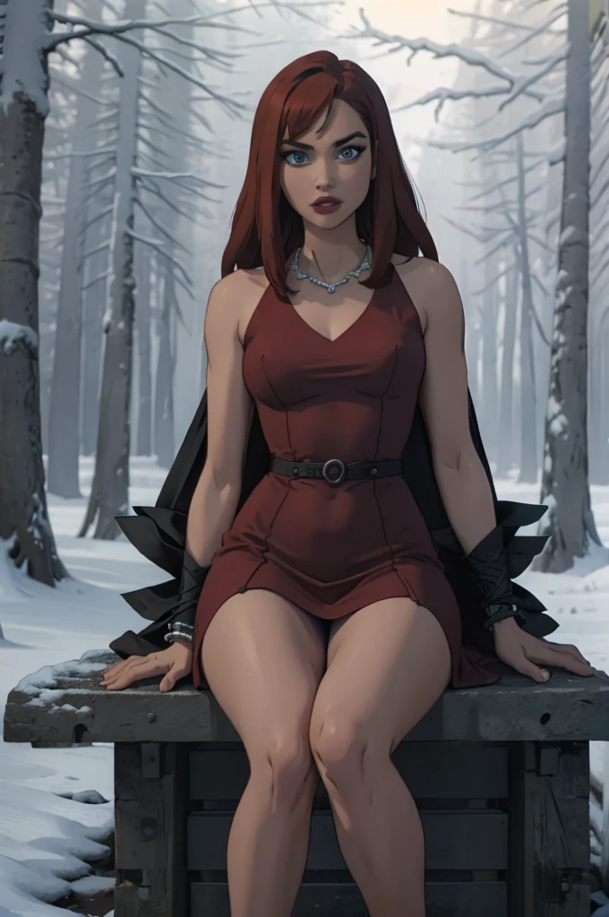 Masterpiece, Best quality, Very young Russian girl, red hair , Curly, Medium long hair without hairstyle, crystalblueeyes, Short thight cotton red dress with red color, can see body under dress, Bracelet on the left wrist, necklace around the neck, Black openwork stockings, High-heeled shoes, sitting on a stone in the middle of a winter forest, look into the distance, snowy wild forest, It's cold, it's snowing, beautiful face and slim body, shapely legs, steam from the mouth, innocent and deep look, thick fog, photorealism, photographic appearance, RAW style.