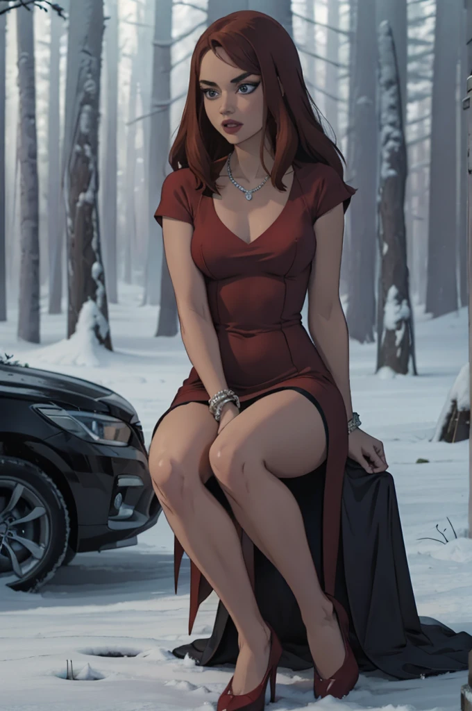 Masterpiece, Best quality, Very young Russian girl, red hair , Curly, Medium long hair without hairstyle, crystalblueeyes, Short thight cotton red dress with red color, can see body under dress, Bracelet on the left wrist, necklace around the neck, Black openwork stockings, High-heeled shoes, sitting on a stone in the middle of a winter forest, look into the distance, snowy wild forest, It's cold, it's snowing, beautiful face and slim body, shapely legs, steam from the mouth, innocent and deep look, thick fog, photorealism, photographic appearance, RAW style.