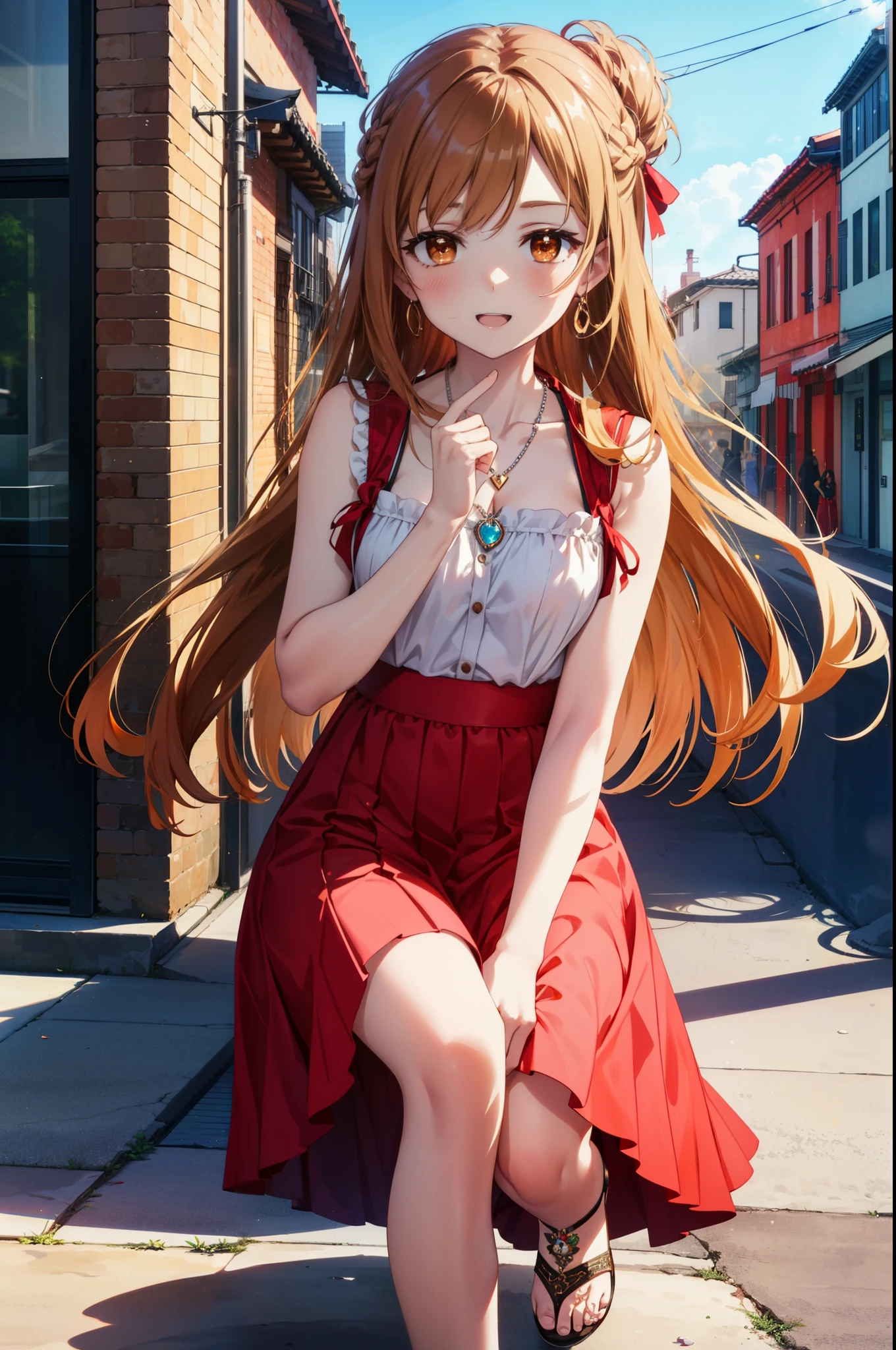 a sun ayuuki, a sun a yuuki, Long Hair, Brown Hair, (Brown eyes:1.8)Medium chest,happy smile, smile, Open your mouth,Locket Necklace,Red sleeveless dress,Red long skirt,Cute heeled sandals,True Summer,Daytime,Clear skies,whole bodyがイラストに入るように,
break outdoors, In town,Building district,crowd, people々々,
break looking at viewer, whole body,
break (masterpiece:1.2), highest quality, High resolution, unity 8k wallpaper, (figure:0.8), (Beautiful fine details:1.6), Highly detailed face, Perfect lighting, Highly detailed CG, (Perfect hands, Perfect Anatomy),