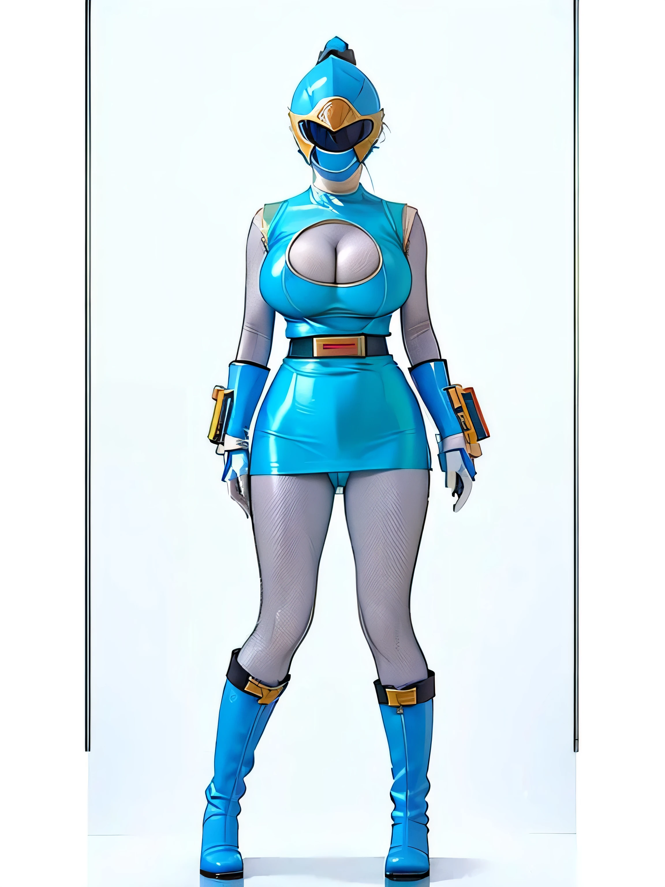 ((Dildo))、((White background、No background))、hurricane blue、ninpuu sentai hurricanger、(Ultra-detailed illustration、Ultra-precision performance、masterpiece、highest quality、超High resolution、High resolution）、tight clothes、(Big Breasts:1.5)、Leg spread、boots、Tight clothes、Plump body、Place your arms behind your back.、Chest