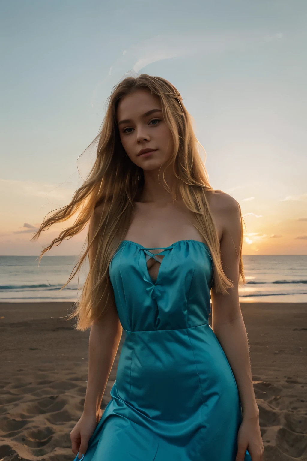 light blonde small face long hair girl wearing teal sexy dress in a sunrise
