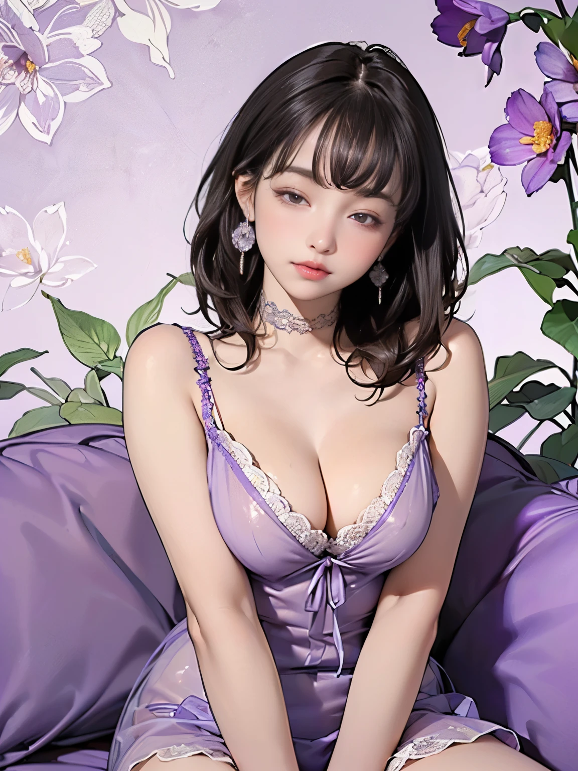 ((((highest quality))))、(((Ultra-precision CG16K wallpaper)))、(((masterpiece)))、(((Super detailed)))、(((Extreme detail)))、((１Mature 29 year old woman:1.6))、((Very beautiful Japanese faces))、((Yua Mikami:1.5))、((Straight medium hair、blunt bangs:1.5))、(Shiny brown hair)、eyeliner、eye shadow、High nose、Small nostrils、Small Mouth、Seductive lips、Beautiful breasts、((C cup size breasts))、Cleavage、Voluptuous body、eight-headed body、Perfect proportions、Perfect Anatomy、Perfect composition、Beautiful detailed shading、Beautiful, natural lighting、Beautiful detail glow、Depth of written boundary、(((High chroma)))、(((Real:1.9)))、((vivid:1.5))、((Beautiful Skin))、((Skin Texture))、((Realな皮膚感))、(((Bust Shot:1.6)))、((Front view、shoot from front、Front low angle:1.6))、(((Eyes half closed、Sleeping face:1.6)))、((Woman with her mouth wide open、Facing forward:1.6))、Bright daylight、Natural light、(((Woman sitting on cushion、flower stalk wallpaper:1.5)))、(Leaning pose:1.6)、(((Light purple see-through lace negligee:1.6)))、((Earrings、Wearing a choker:1.3))、