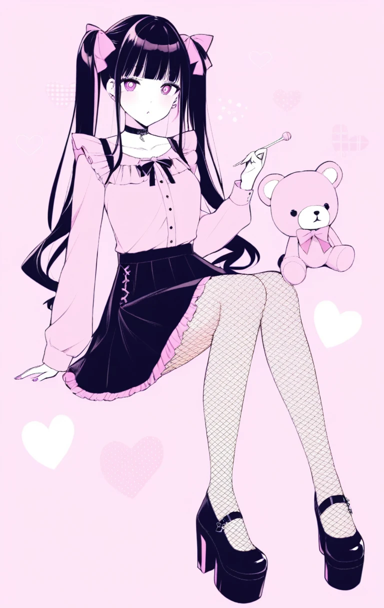 masterpiece, best quality, (jirai_kei),1girl, solo, long_hair, looking_at_viewer, shirt, black_hair, long_sleeves, bow, ribbon, twintails, sitting, monochrome, hair_bow, heart, pantyhose, frills, food, shoes, choker, blunt_bangs, black_skirt, pink_eyes, stuffed_toy, pink_background, stuffed_animal, frilled_skirt, pink_bow, (fishnets), candy, bandaid, pink_shirt, teddy_bear, lollipop, (fishnet_pantyhose), platform_footwear, pink_theme, pill, heart-shaped pupils,