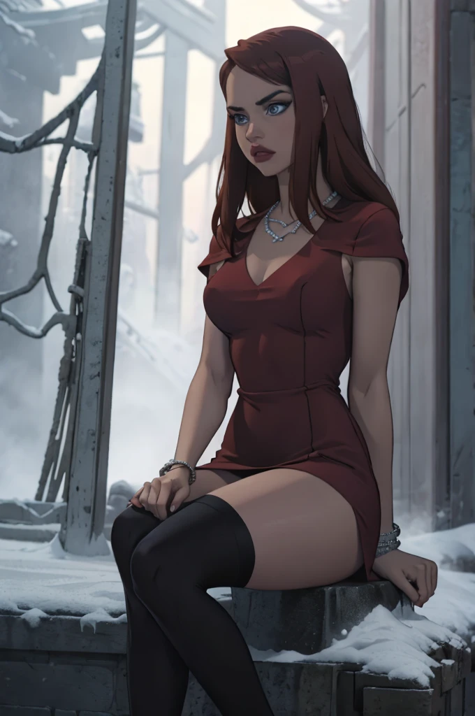 Masterpiece, Best quality, Very young Russian girl, red hair , Curly, Medium long hair without hairstyle, crystalblueeyes, Short thight glassy red dress with red color, can see body under dress, Bracelet on the left wrist, necklace around the neck, Black openwork stockings, High-heeled shoes, sitting on a stone in the middle of a winter forest, look into the distance, snowy wild forest, It's cold, it's snowing, beautiful face and slim body, shapely legs, steam from the mouth, innocent and deep look, thick fog, photorealism, photographic appearance, RAW style.