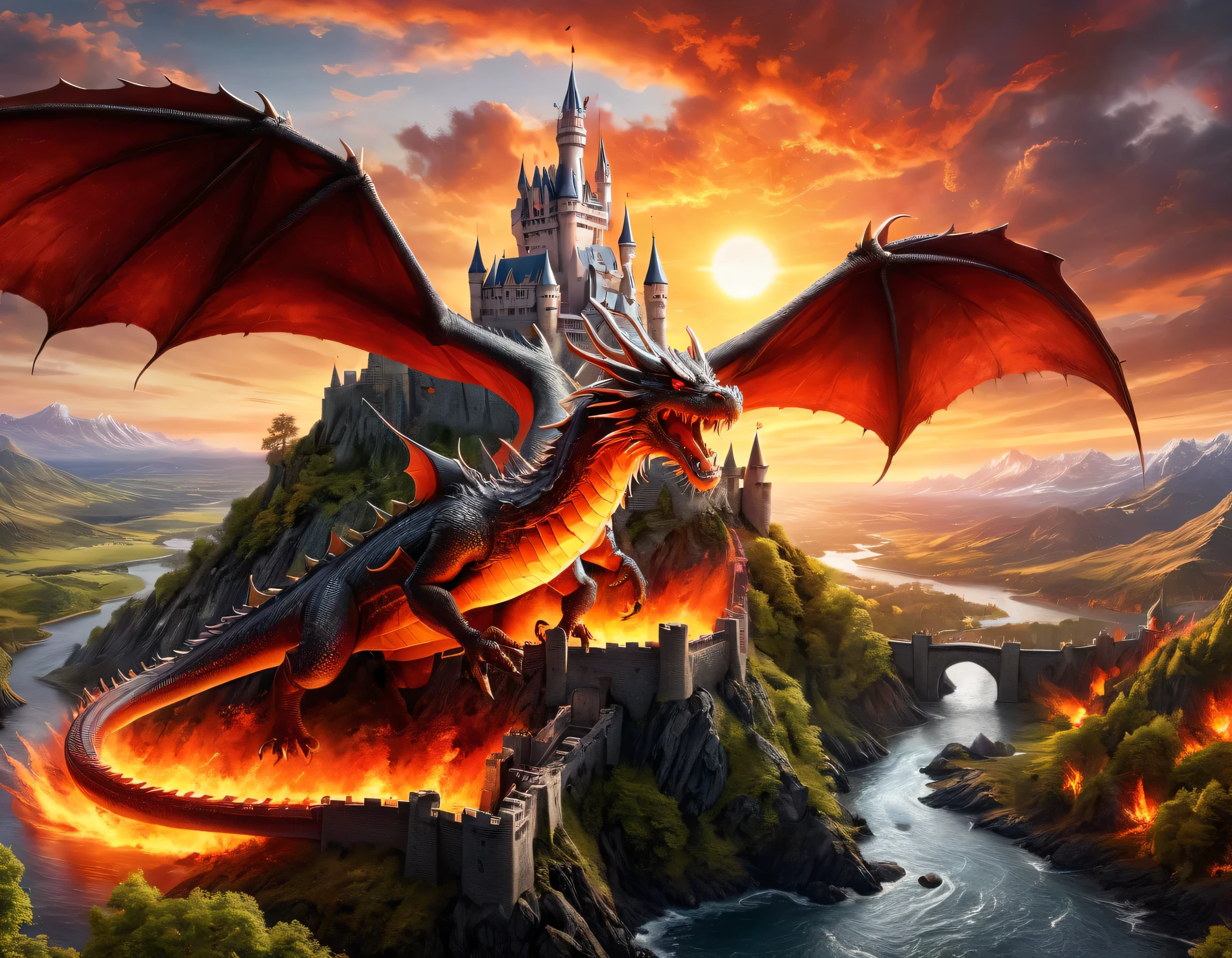 a panoramic award winning photography, Photorealistic, extremely detailed of a (castle: 1.4) being attacked by a dragon, an impressive best detailed castle, with towers, bridges, a moat filled with lava, standing on top of a mountain, the red dragon flying near the castle threatening it, the sun sets on the castle, , masterpiece, best quality, (extremely detailed), ultra wide shot, photorealism, depth of field, faize