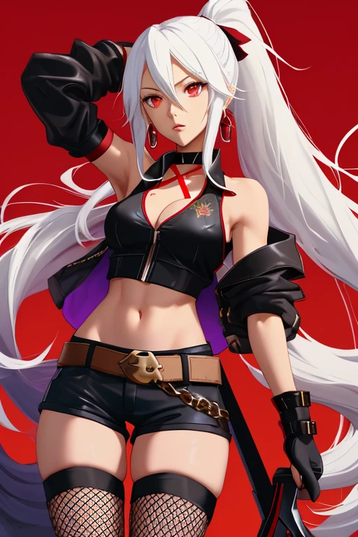 Female, Tall toned body, body, small perky pears shaped breasts, adaptive god eater from god eater 3, twin armlets, long hair, high ponytail, white hair, red eyes, black choker, black crop top, black bicycle shorts, fishnet thigh highs, brown ankle boots, red ribbon, black trench coat, black scythe with purple accents