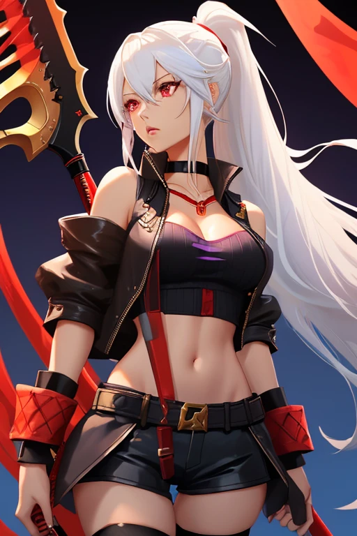 Female, Tall toned body, body, small perky pears shaped breasts, adaptive god eater from god eater 3, twin armlets, long hair, high ponytail, white hair, red eyes, black choker, black crop top, black bicycle shorts, fishnet thigh highs, brown ankle boots, red ribbon, black trench coat, black scythe with purple accents
