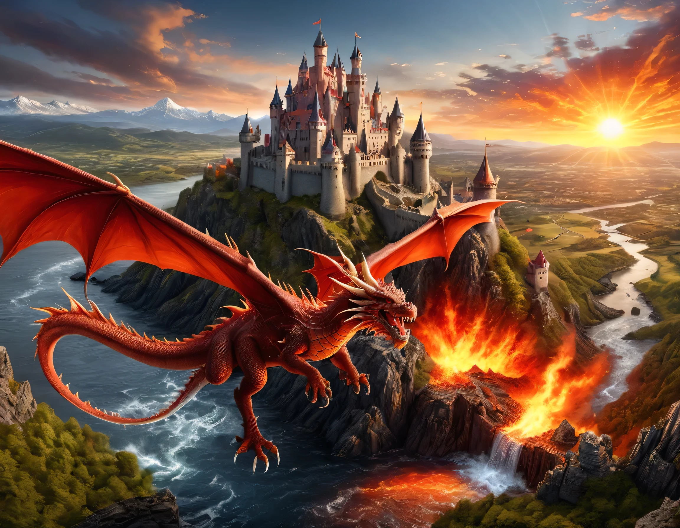 a panoramic award winning photography, Photorealistic, extremely detailed of a (castle: 1.4) being attacked by a dragon, an impressive best detailed castle,  with towers, bridges, a moat filled with lava, standing on top of a mountain, the red dragon flying near the castle threatening it, the sun sets on the castle, , masterpiece, best quality, (extremely detailed), ultra wide shot, photorealism, depth of field, faize