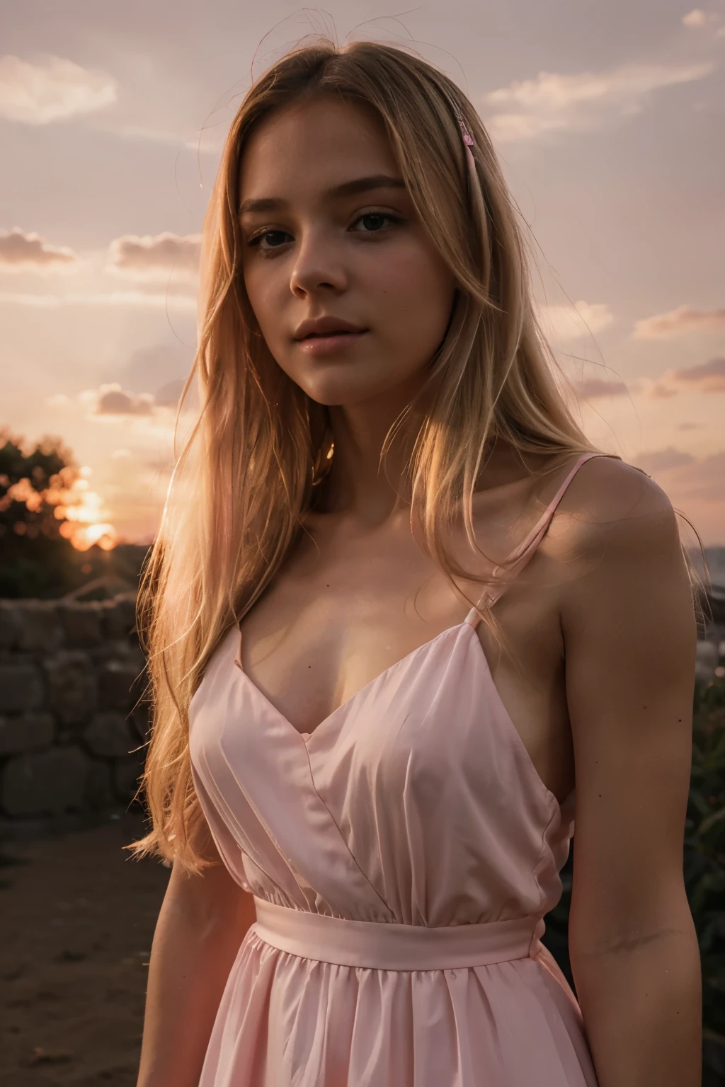 light blonde small face long hair girl wearing pink sexy dress in a sunset